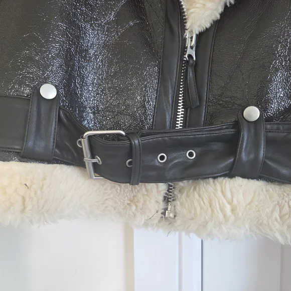 Faux Shearling Lined Dark Chocolate/Black Vinyl Faux Leather Jacket - Picture 4 of 9